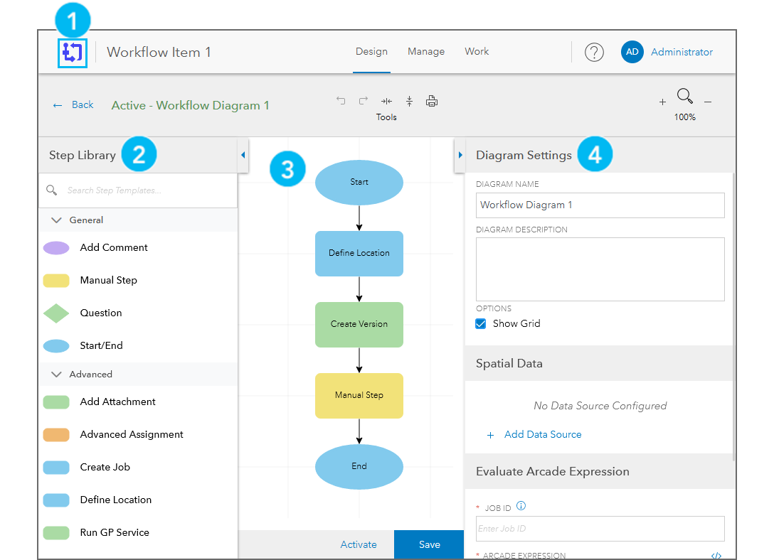 Design page with the Step Library panel, workflow canvas, and Settings panel Design page with the Step Library panel, workflow canvas, and Settings panel